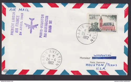 Flugpost Brief Air Mail Air France Erstflug Paris Frankreich Houston Texas USA