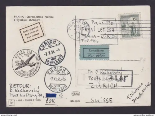 Flugpost Brief Air Mail Tschechoslowakei Prag Zürich Schweiz 1956