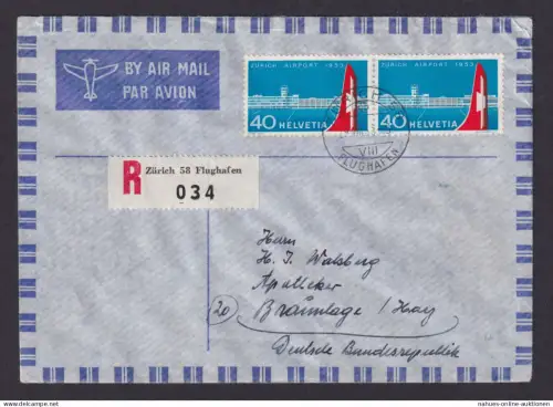 Flugpost Air Mail Schweiz R Brief Paar 40c Sonder R-Zettel FLUGHAFEN ZÜRICH 58