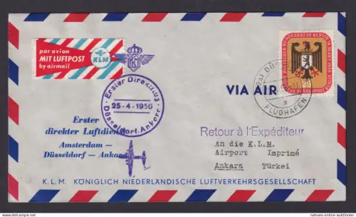 Flugpost Brief Air Mail Bund Bundesrat KLM Erstflug Düsseldof Ankara Türkei