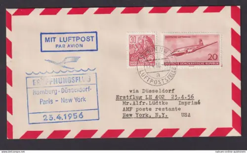 Flugpost Brief Air Mail Lufthansa Hamburg Düsseldorf Paris New York Zuleitung