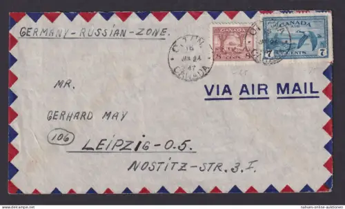 Flugpost Brief Air Mail Kanada Ottawa schöne MIF nach Leipzig 24.1.1947