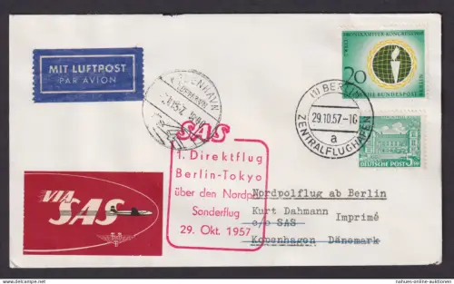Flugpost Brief Air Mail SAS Direktflug Berlin Tokio Japan Nordpol Sonderflug