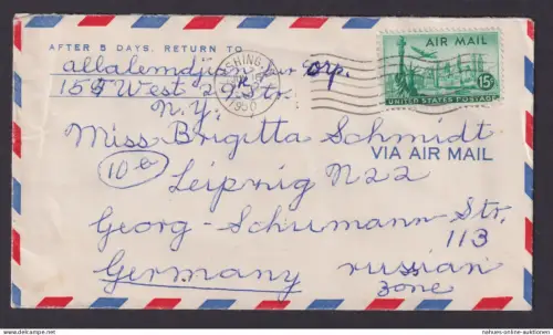 Flugpost Brief Air Mail USA Flushing Queens New York nach Leipzig 16.6.1950