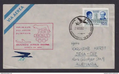 Flugpost Brief Air Mail Argentinien Buenos Aires Rom nach Jena AA Aerolineas