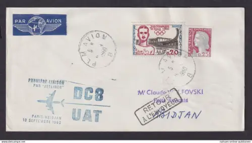 Flugpost Brief Frankreich PLM Avion Erstflug Jetliner DC 8 UAT Paris Abijan
