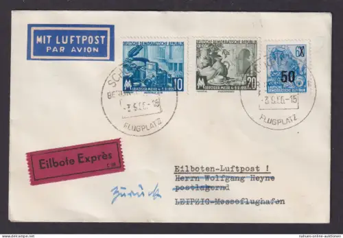 Flugpost Brief Air Mail Eilboten DDR Schönefld Leipzig Retour 1956
