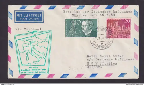 Flugpost Brief Air Mail Deutschland München Rom Italien 1958 Erstflug Lufthansa