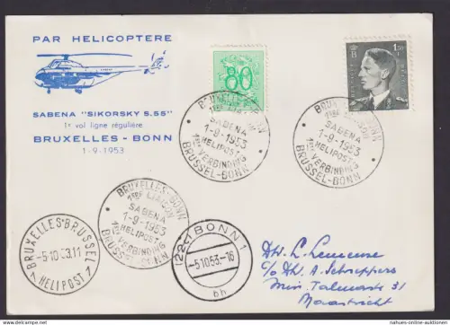 Helikopter Flugpost Brief Air Mail Sabena Sikorsky S 55 Brüssel Belgien n. Bonn