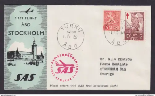 Flugpost Brief Air Mail SAS Erstflug Abo Finnland Turku nach Stockholm 1.4.1959