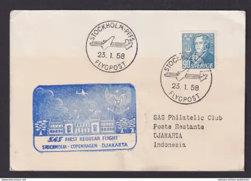 Flugpost Brief Air Mail SAS Erstflug Stockholm Kopenhagen Djakarta Indonesien