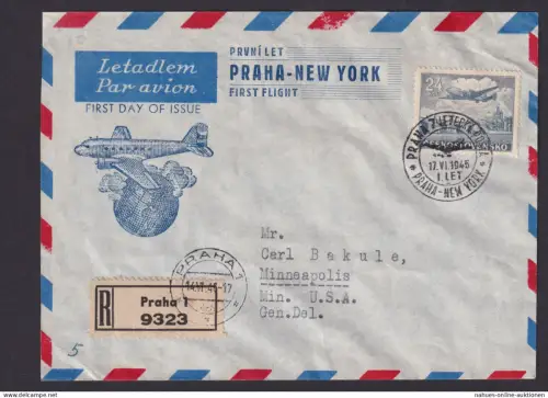 Flugpost Brief Air Mail Tschechoslowakei Prag New York USA Flugzeug ü. Erdkugel