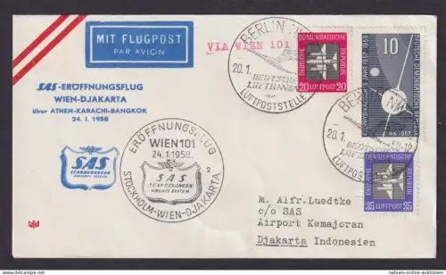 Flugpost Brief Air Mail SAS Eröffnungsflug Wien Djakarta inter. DDR Zuleitung
