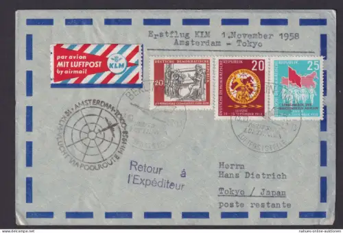 Flugpost Brief Air Mail KLM Erstflug Amsterdam Tokio Japan Zuleitung DDR ab
