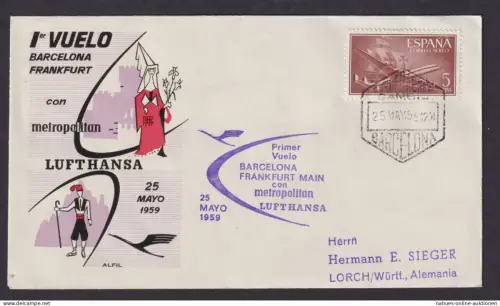 Flugpost Brief Air Mail Lufthansa Spanien Barcelona Frankfurt toller Umschlag