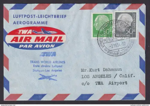 Flugpost Brief Air Mail Bund Aerogramm MIF Heuss TWA Stuttgart Los Angeles