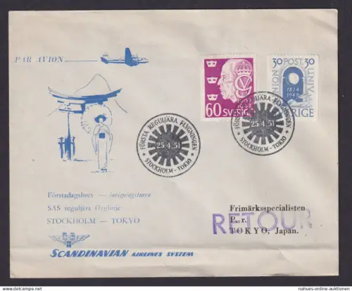 Flugpost Brief Air Mail SAS Schweden Stockholm Tokio 25.4.1951