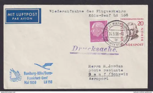 Flugpost Brief Air Mail MIF Bund Heuss + Berlin Wiederaufnahme des Flugverkehrs