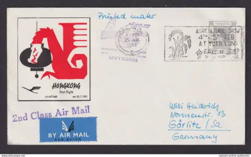 Flugpost Brief Air Mail Asien Hongkong Erstflug Lufthansa LH 647/640 n. Görlitz