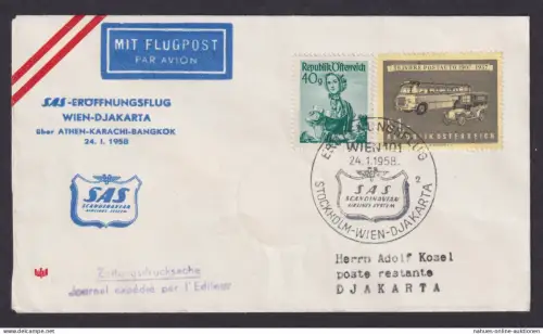 Flugpost Brief Air Mail SAS Eröffnungsflug Wien Djakarta Indonesien über Athen