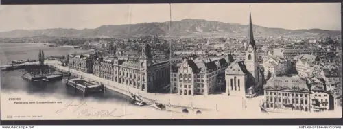 Ansichtskarte Zürich Schweiz Totalansicht v. Grossmünster Berge See Klappkarte