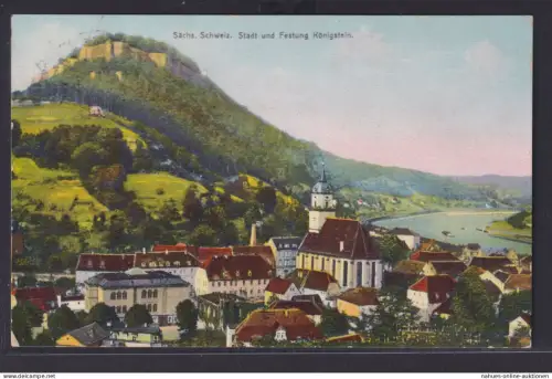 Ansichtskarte Künstlerkarte Königstein Festung Ortsansicht Landschaft Berge Elbe