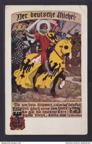 Ansichtskarte Künstlerkarte Sign. K.A.Wilke Der deutsche Michel Soldat zu Pferd