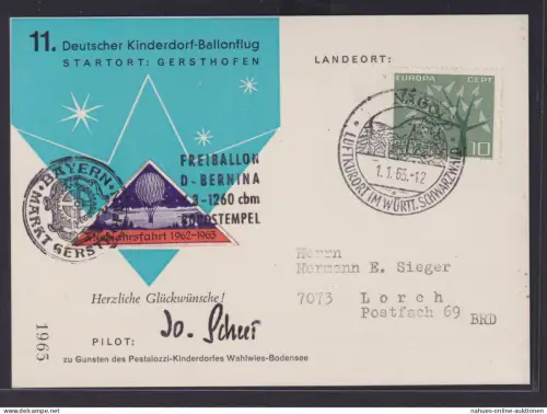 Flugpost Ballonpost 11. Kinderdorf Ballonflug schöne Vignette + Pilot Autogramm