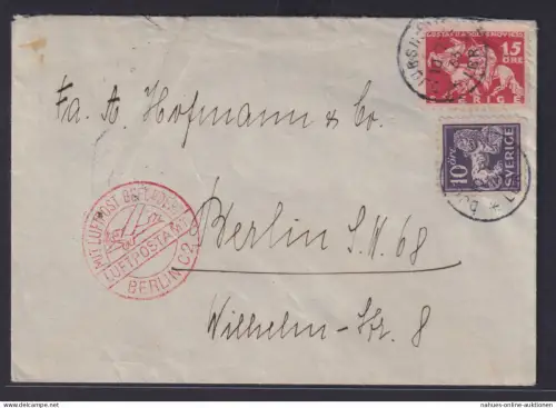 Flugpost Brief Schweden nach Berlin mit rotem Luftpost Beförderungsstempel ab