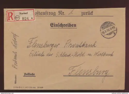 Postsache Bund Postauftrag Nr. 1 ab Nortorf per Einschreiben nach Flensburg