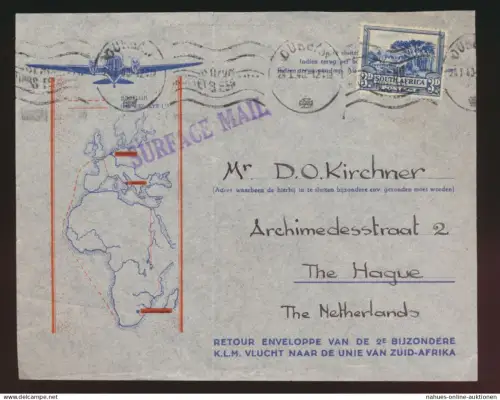 Flugpost air mail Südafrika Surface mail Den Haag Niederlande Africa cover ton