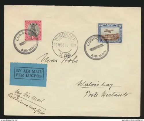 Flugpost air mail Africa Namibia Erstflug ein Tag verschoben Brief 1p vom Rand +