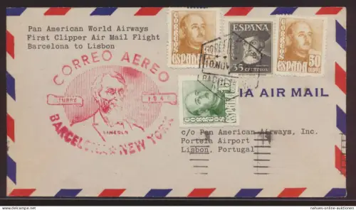 Flugpost air mail Spanien Barcelona New York USA nach Lissabon Portugal