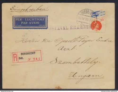 Flugpost air mail Niederlande R Brief Dordrecht nach Szombathhely mit rs. K2