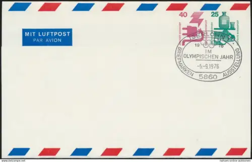 Sport Bund Privatganzsache Unfall WST 40 + 25 Flugpost SST Iserlohn Olympia
