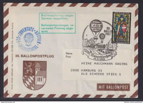 Flugpost Ballonpost Österreich Juventute 39. Ballonpostflug Mauerkirchen 10.3.68