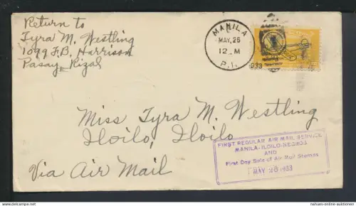 Flugpost Brief Air Mail Manila Phillipinen 1933 Iloilo Erstflug