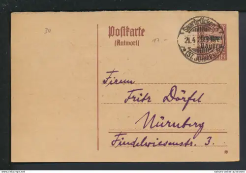 Altdeutschland Antwort Ganzsache Bayern Saarbrücken Nürnberg 1920