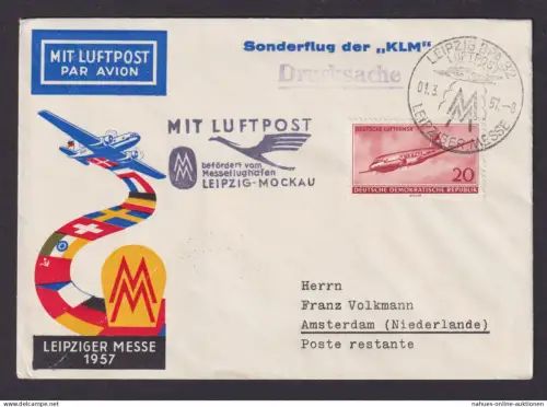 Flugpost Brief Air Mail DDR Leipzig Messe 1957 S-Flug KLM Amsterdam Niederlande