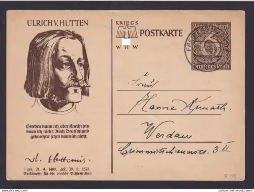 Freiberg Deutsches Reich Ganzsache Werdau Sachsen Motiv Ulrich v. Hutten