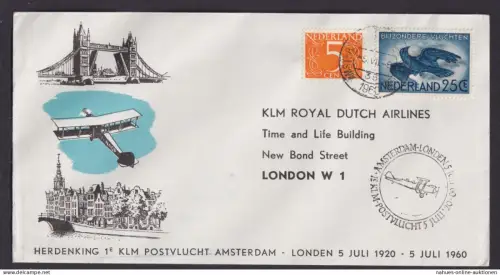 Gedenk Flugpost Brief Air Mail Niederlande KLM Amsterdam London Grossbritannien