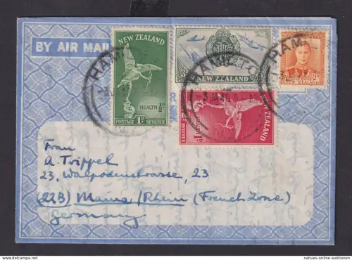 Neuseeland schöner Flugpost Brief Air Mail frank. Aerogramm Hamiltion nach Mainz