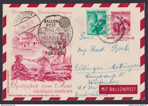 Flugpost Österreich Ballon Ballonpost Villach 2 Ganzsache Wst trachten +ZuF Graz