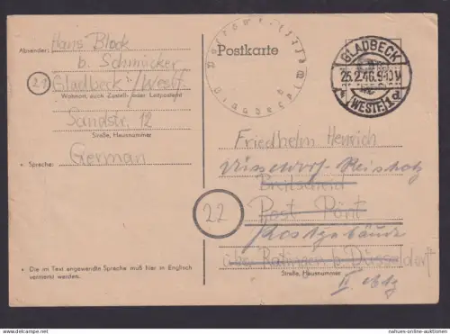 Gladbeck Westfalen Britische Zone Notausgabe Ganzsache 6 Rpf. nachgesandt