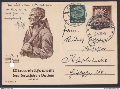 WHW Ganzsache Deutsches Reich Gaggenau Murgtal WHW d. deutschen Volkes Karlsruhe