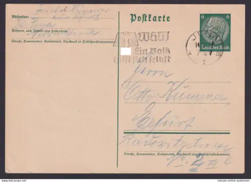 Ganzsache Deutsches Reich Jena Erfurt WHW Ein Volk hilft sich selbst