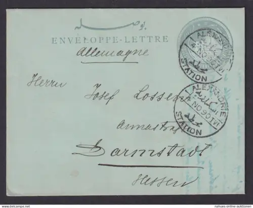 K2 Alexandria Station Ägypten Ganzsache via Brindisi Italien n. Darmstadt Hessen