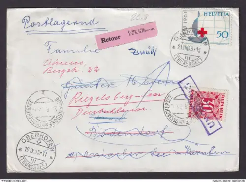 Schweiz Oberhofen Brief Retour Bodendorf Österreich Riegelsberg Saar Portomarke