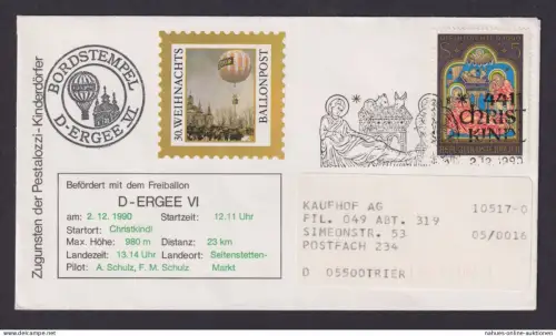 Österreich Weihnachtsballonpost Bordstempel D-Ergee Befördert mit Vignette