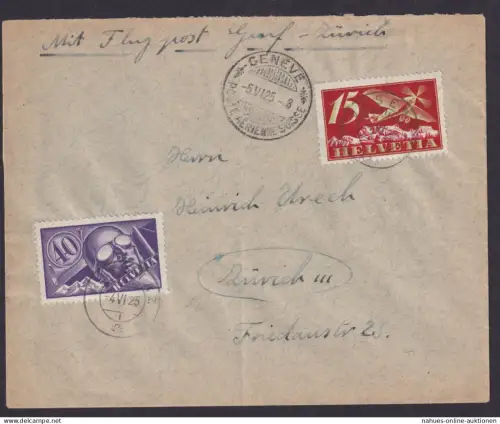 Flugpost Schweiz 179 + 182 auf Brief Vesenaz Genf nach Zürich der Umschlag ist